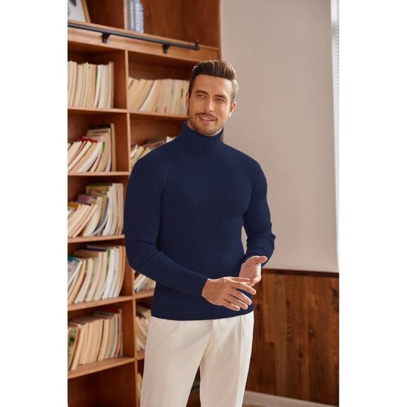❤️ Mens Ribbed Slim Fit Knitted Pullover Casual Turtleneck Classic  Sweater - Picture 4 of 8